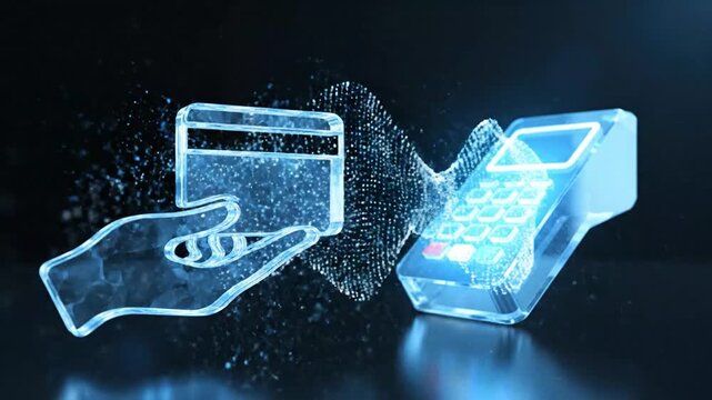 Futuristic 3D illustration of contactless payment with a credit card and terminal payment terminal hand.