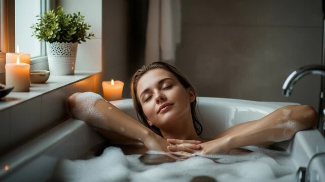 Young Caucasian woman enjoying a holistic self-care ritual in a bubble bath with candles.