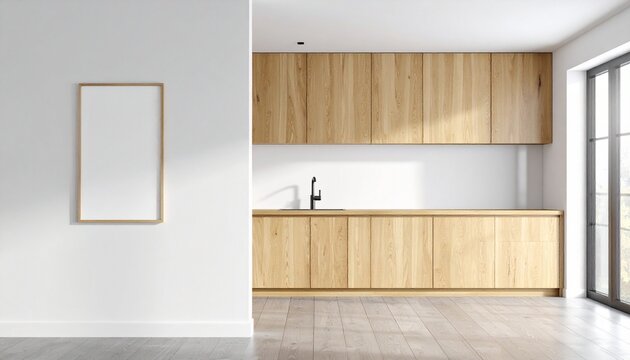 Minimalist Kitchen Interior with Wooden Cabinets and Blank Frame Representing Modern Design Simplicity and Functional Home Aesthetic