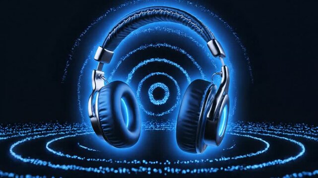 Futuristic headphones glowing with blue light surrounded by digital particles audio music.