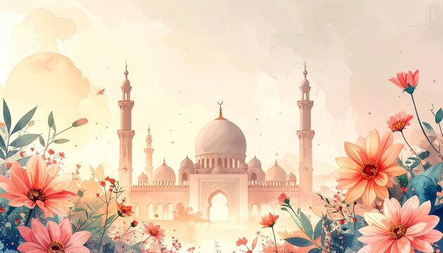 Ramadan Kareem Watercolor Mosque Greeting Background