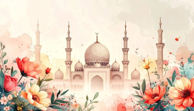 Ramadan Kareem Watercolor Mosque Greeting Background