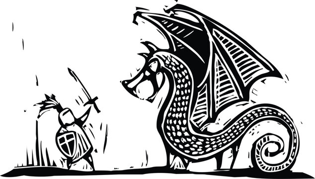 Woodcut style image of man fighting a dragon like Saint George