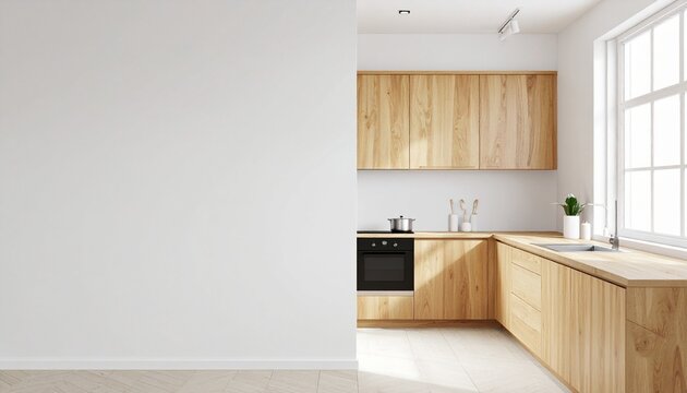 Minimalist Kitchen Interior with Wooden Cabinets and Blank Frame Representing Modern Design Simplicity and Functional Home Aesthetic