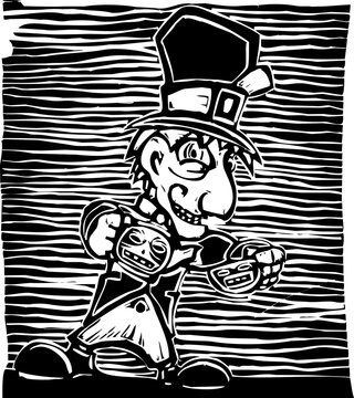 Woodcut style image of the mad hater at a tea party