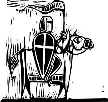 Woodcut style image of a knight on horseback