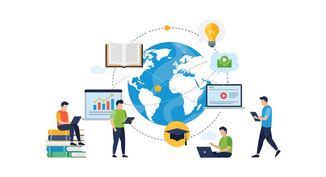 Global E-Learning and Online Education Network Concept. Students connecting worldwide for distance learning, knowledge sharing, and digital schooling.
