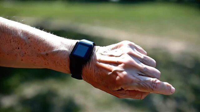 Elderly hand with smartwatch outdoors