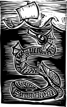 Woodcut style sea serpent with a boat on the waves