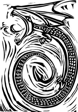 Woodcut style winged dragon spitting fire.
