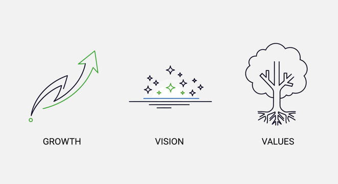 Growth, Vision, and Values - Business Concepts Illustrated with Icons.