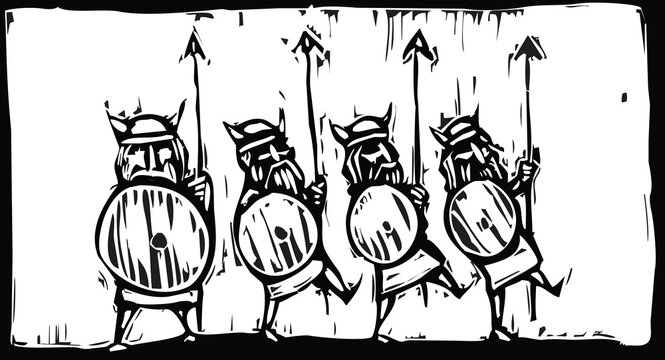 Woodcut style image of viking with spears marching along. 