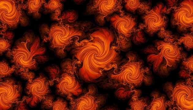 A vibrant and dramatic abstract artwork featuring swirling orange patterns on a dark background