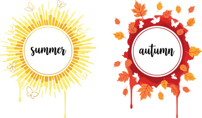 Summer and autumn seasonal badge set with sunburst rays, falling leaves, butterflies, and colorful paint drips isolated on white background for banner design.