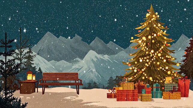 Christmas tree in snowy mountain landscape