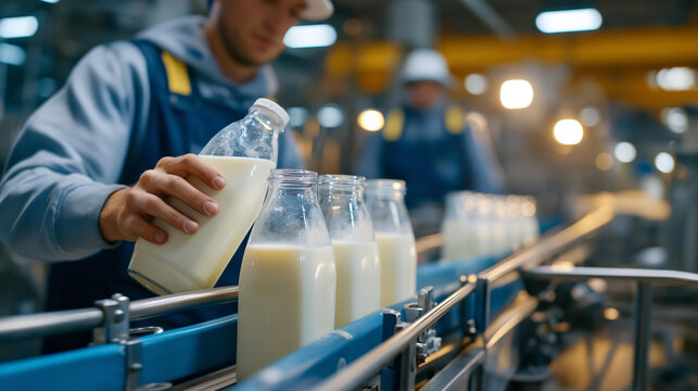 Efficient milk pasteurization plant emphasizing speed and safety to meet rising demand for fresh dairy products. Industrial setting with vibrant machinery, conveyor belts actively in motion, and