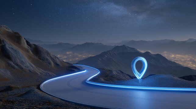 Vibrant neon blue road pathway illuminated at night, guiding adventurers to exciting destinations with a glowing location marker. A futuristic landscape with a starry sky, the glowing marker adds a