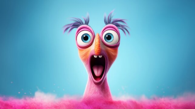 Funny pink cartoon bird surprised with wide eyes