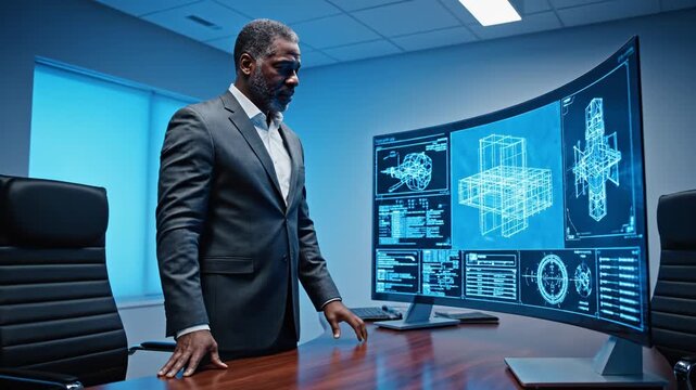 Engineering design and architecture for structural blueprints complex construction projects with senior engineer analyzing 3D model on curved monitor in modern office Innovation technology and