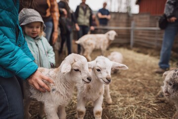 Naklejka premium Joyful Family Kids Visiting Local Farm See Baby Animals