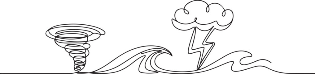 Fototapeta na wymiar Natural disasters concept. Single line draw design vector graphic illustration. one line art icon drawing vector