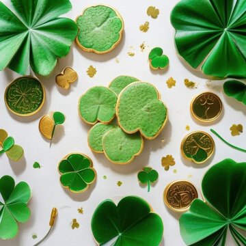 St Patrick Day Flat Lay with Clover Cookies Gold Coins and Shamrock Decorations on White Background