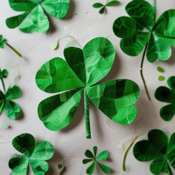 Green Paper Four Leaf Clover Craft on Minimal Background Symbol of Luck and St Patrick Day
