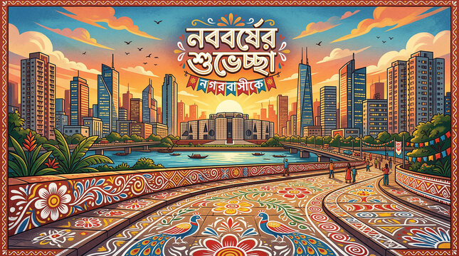 City Skyline Celebration with Traditional Bengali Alpana Folk Art and Shuvo Noboborsho Greeting