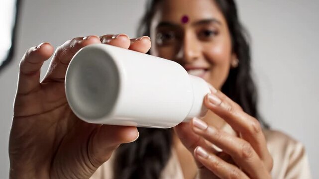 Woman holding white bottle presentation against simple background