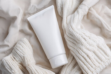 Blank cosmetic containers, white towel