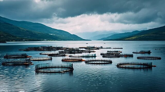 Fish farming cages in a lake