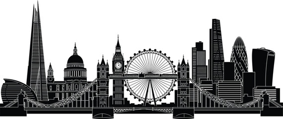 Fototapeta premium Black and white silhouette of the London skyline with iconic landmarks on a white background Keywords: London, skyline
