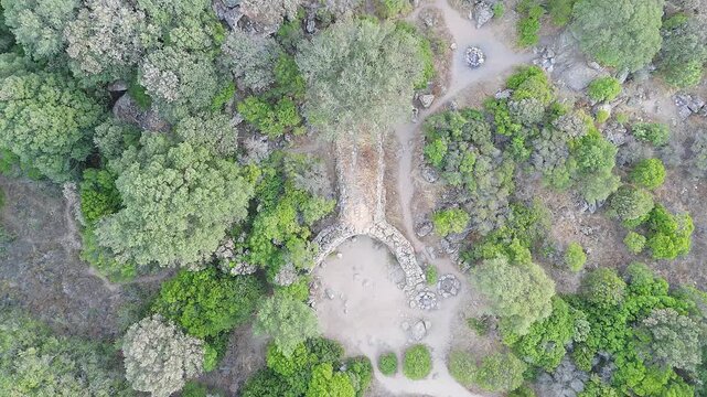Aerial view of the megalithic Tomb of the Giants "Is Concias". Sardinia, Italy