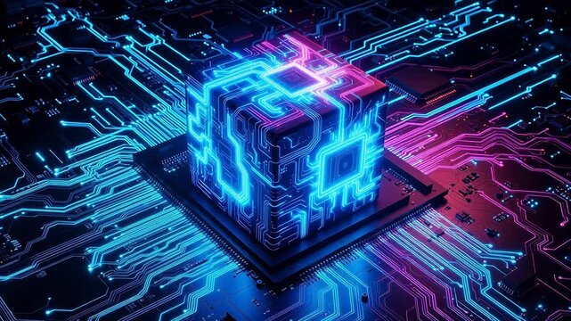 Circuit board with glowing cube