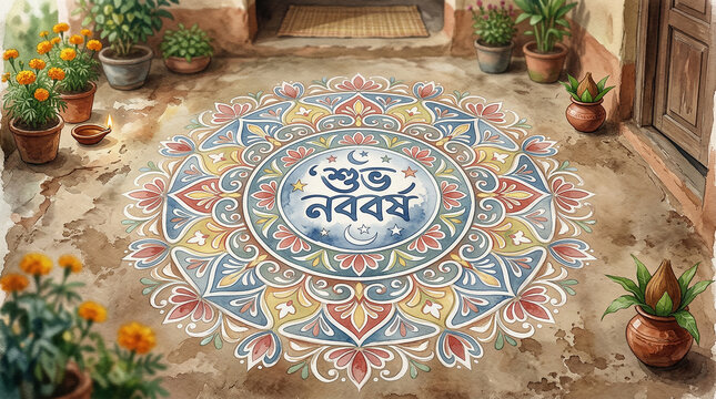 Shuvo Noboborsho Bengali New Year Greeting Card with Intricate Mandala Art on Wooden Background