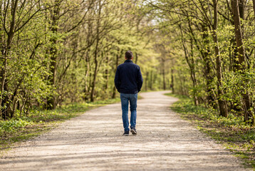 Fototapeta premium Man Walking Alone on a Forest Path During Springtime