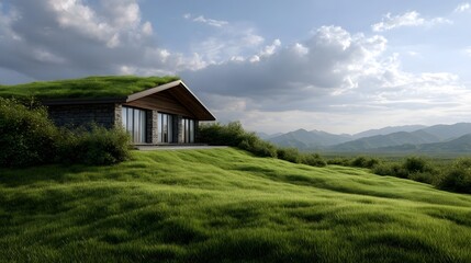 Obraz premium Modern eco friendly house with a green roof on a lush grassy hill overlooking a mountainous landscape