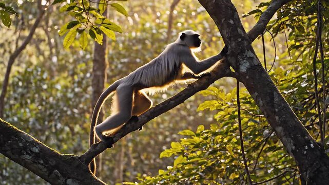 Dynamic nature scene of a langur monkey jumping across treetops in a tropical forest 
