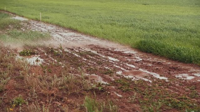 Mud Track With Water Flow On Green Field After Rain