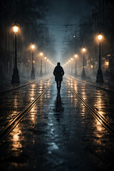 Fototapeta premium Solitary figure walking down a wet illuminated city street at night