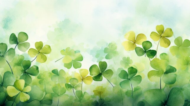Green shamrocks standing against a soft watercolor background with room for text