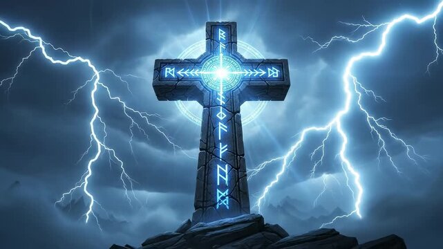 Mystical Viking rune stone cross glowing blue in a dark stormy mountain landscape