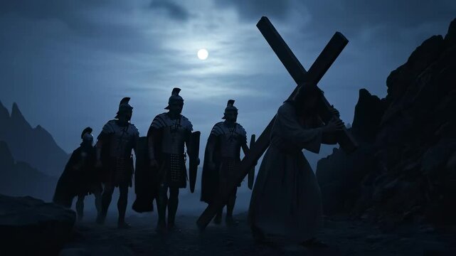 Cinematic Reenactment of Jesus Carrying the Cross with Roman Soldiers at Night for Easter