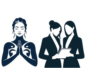 Two women in business attire discussing on a tablet device next to a meditating woman