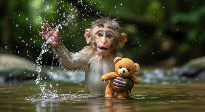 Cute Baby Monkey Playing in Water Holding Teddy Bear in Forest Stream