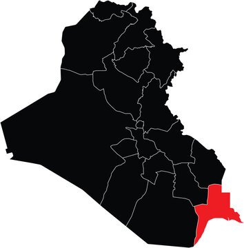 Al-Basrah Governorate on Map of Iraq Silhouette with Regions Vector Illustration