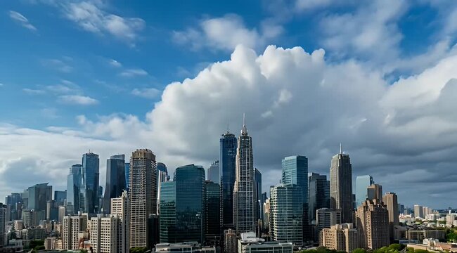 Vibrant cityscape under a bright blue sky with dramatic cloud formations