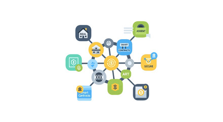 Fototapeta premium Tokenized Assets Blockchain Ecosystem Diagram. Decentralized Finance (DeFi), Smart Contracts, Real Estate, and Digital Art Network Concept.