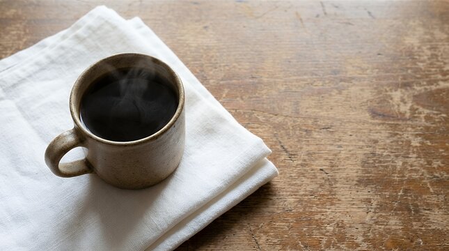 Steaming coffee cup on rustic table with gentle steam motion, slow camera pan, ambient light flicker, and minimalist style perfect for cozy kitchen or caf? ambiance videos.
