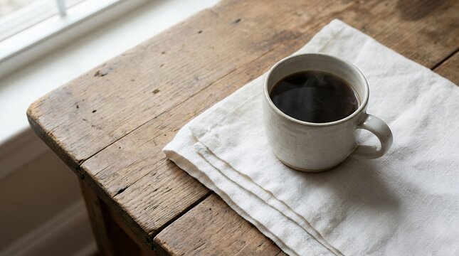Steaming coffee mug on rustic wooden table, gentle steam motion with soft light flicker, slow cinematic pan capturing tranquil morning ambiance, perfect for relaxation themes.